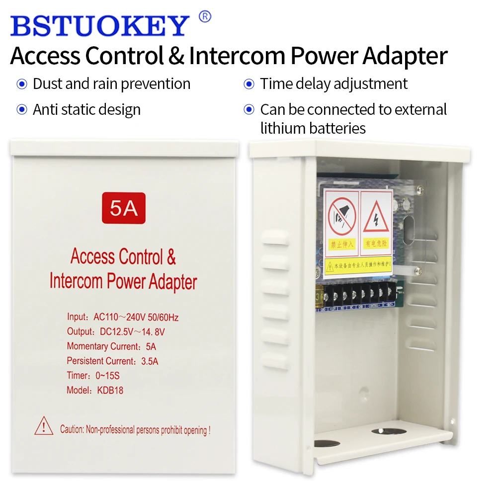 Face Recognition Access Control Power Supply Transformer Adapter AC110-240V to DC12V-15V 5A Suitable for Building Intercom Loc