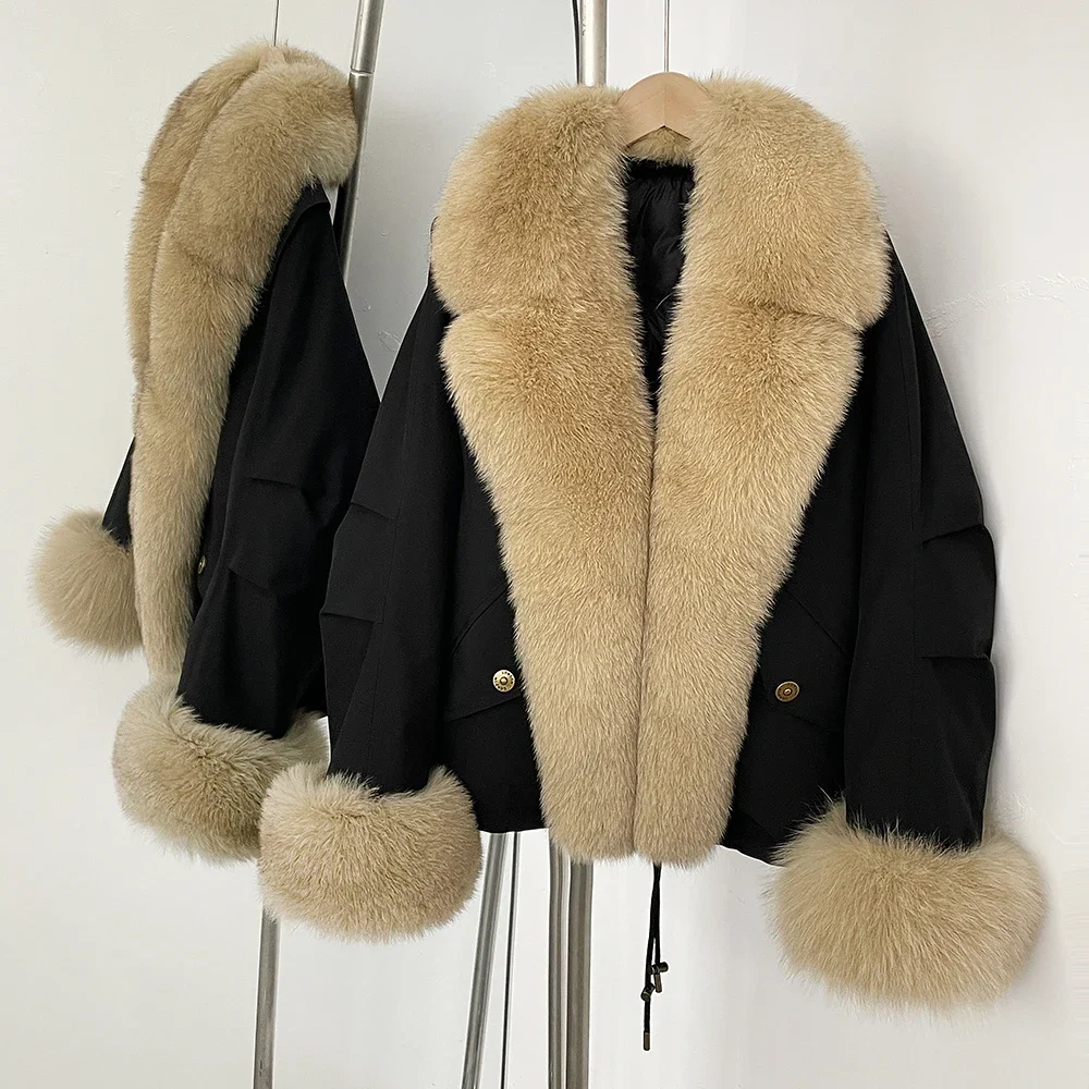 Real Fox Fur Down Jacket Collar Women 2025 Autumn Winter White Duck Down Coat Waterproof Warm Big Fur Cuffs Puffer Jacket Female