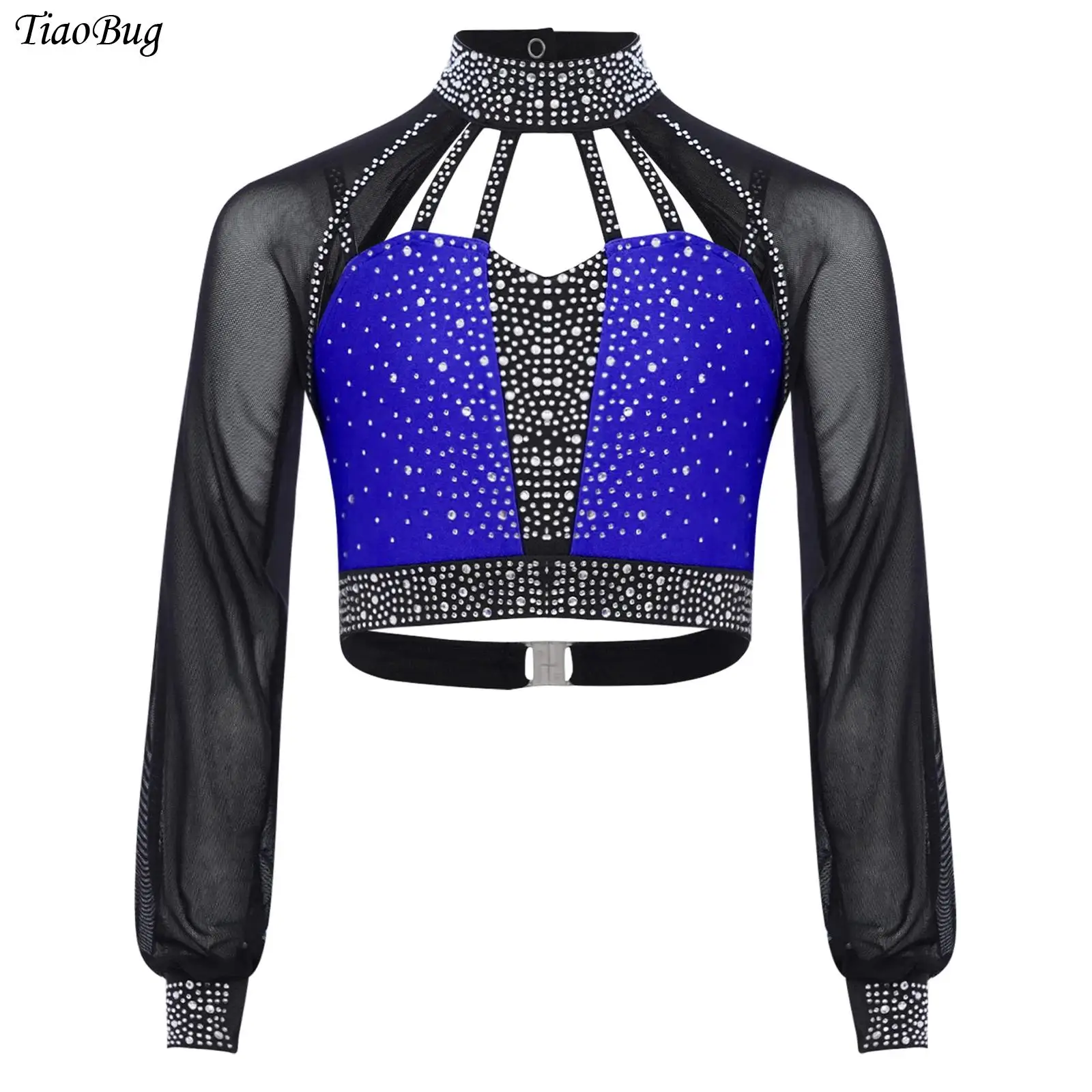 

Kids Girls Shiny Rhinestones Dance Top Long Sleeves Sheer Mesh Color Block Shirt Figure Skating Latin Jazz Dance Crop Tops