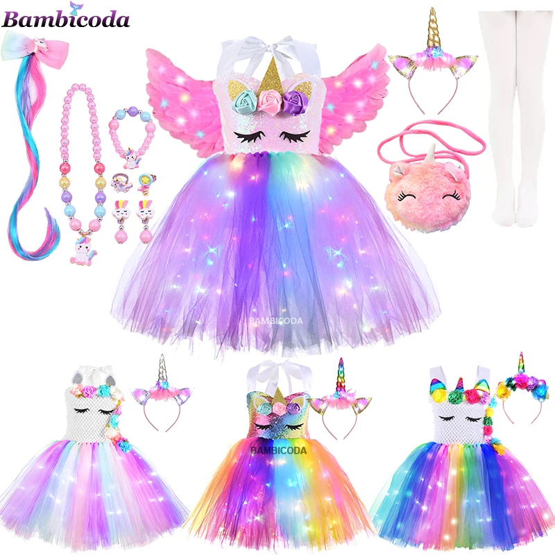 Girls Unicorn Dresses Christmas Kids LED Lights Sequin Pastel Rainbow Birthday Party Tutu Dresses Shiny Princess Cosplay Costume