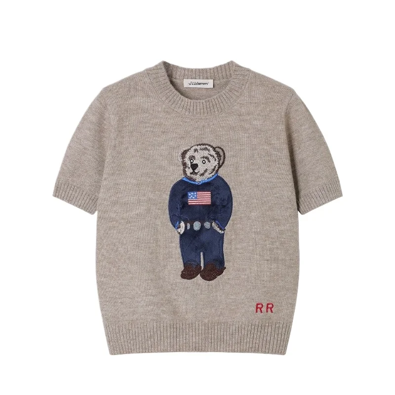 

Summer Cartoon Teddy Bear Embroidered Women's Short Sleeved T-shirt Fashionable and Comfortable Knitted Sweater American Top