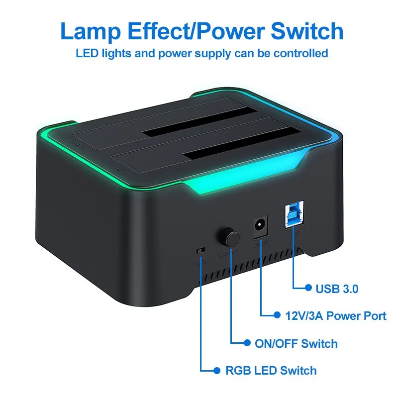 Usb 3.0 Naar Sata Dual Bay Rgb Lamp Effect Harde Schijf 2.5/3.5 Inch Harde Schijf Behuizing Dockingstation Offline Kloon Hdd Ssd