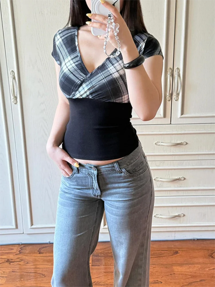 Retro Cross V-neck Short Sleeved T-shirt for Women's Summer Design Plaid Patchwork Crop Top Slim Sexy Y2k Clothes Tee Shirt