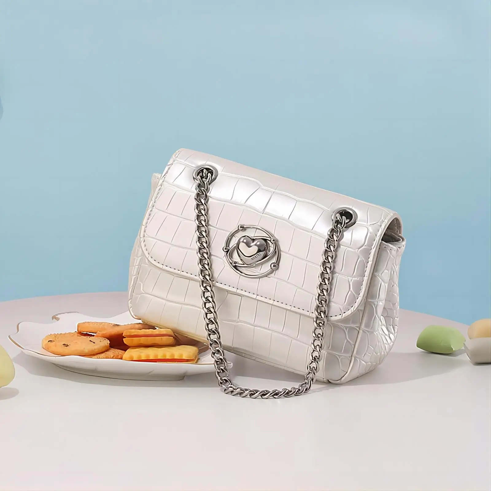 

AILUXI Women's Chain Strap Square Bag Summer 2025 New Unique Design PU Leather One Shoulder Crossbody White Original Clutch Bag