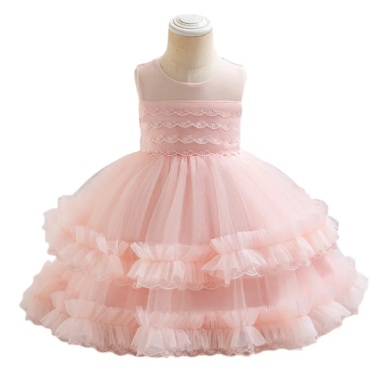 

0-4 Years Old Baby Pink Layers Dresses Little Girl Sleeveless Bow Princess Toddler Vestidos 12 24 36 Month Infant Clothes 247007