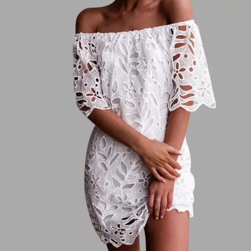 

2023 Spring/Summer Dress Women Elegant Solid Lace Dress Vestidos Femme Slash Neck Mini Dress Sexy Fashion White Dress Streetwear
