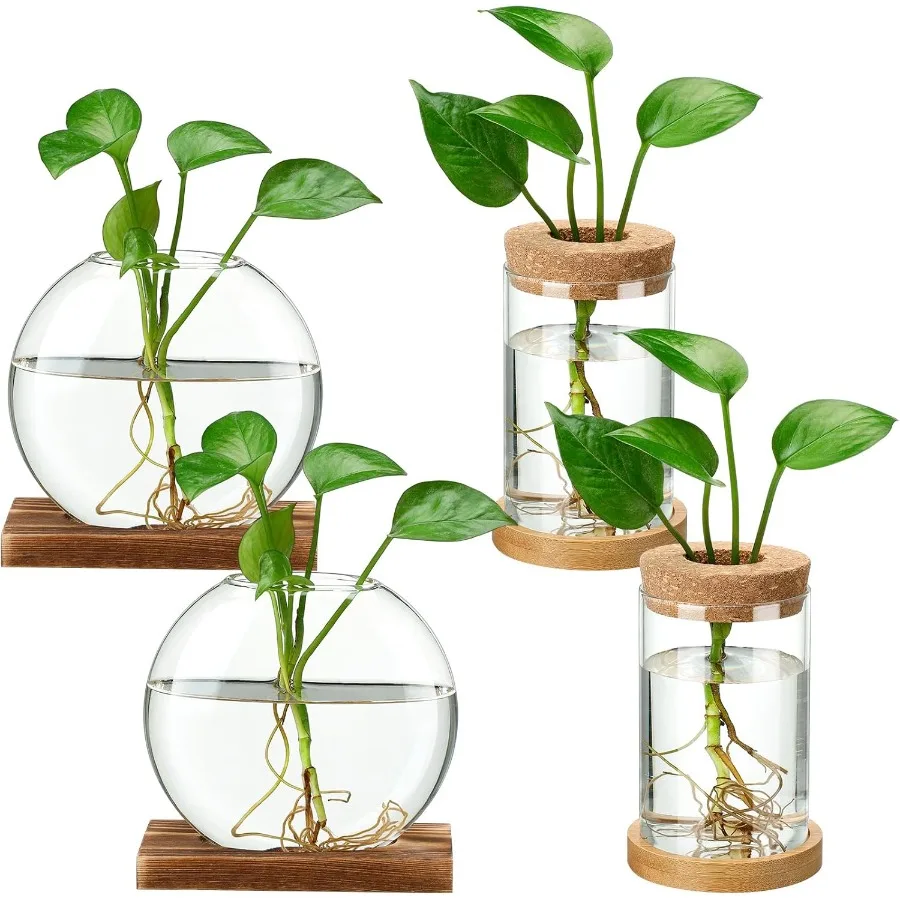 

4 Pcs Plants Propagation Stations vases Glass Planters with Wooden Lid and Bamboo Stand for Hydroponic Plants Gardening Gifts f