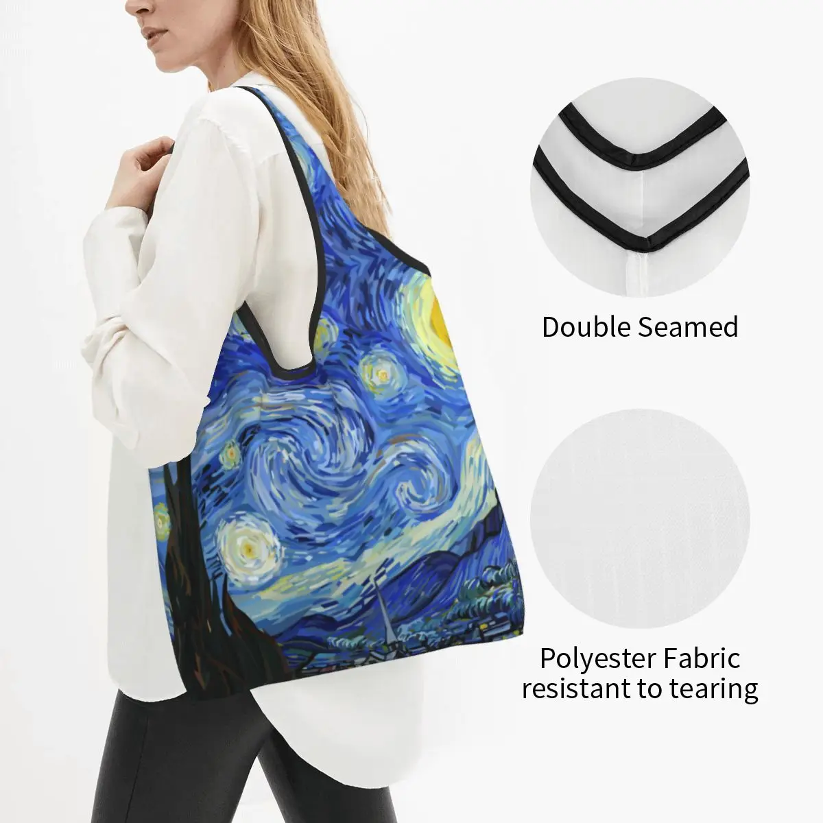 Reusable Van Gogh Painting Shopping Bags for Groceries Foldable Starry Night Grocery Bags Washable Sturdy Large Tote Bags