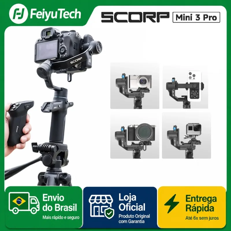 FeiyuTech SCORP Mini 3 Pro Gimbal - 3 em 1 com Alça Remota Removível e Rastreamento AI 4.0 para Câmeras Mirrorless, Câmeras de Ação e celular, Suporta até 2 kg, Bateria de 14 h