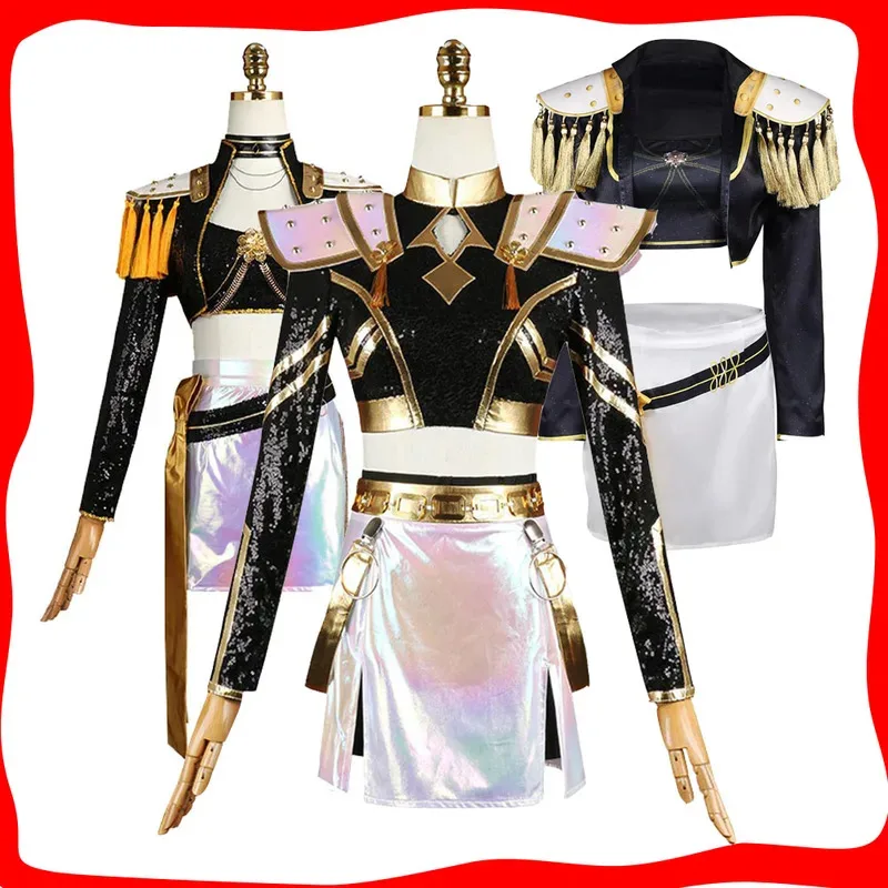 미라 케이팝 데빌 헌터 코스프레 블랙 골드 송 드레스 소녀 할로윈 코스프레 파티 의상