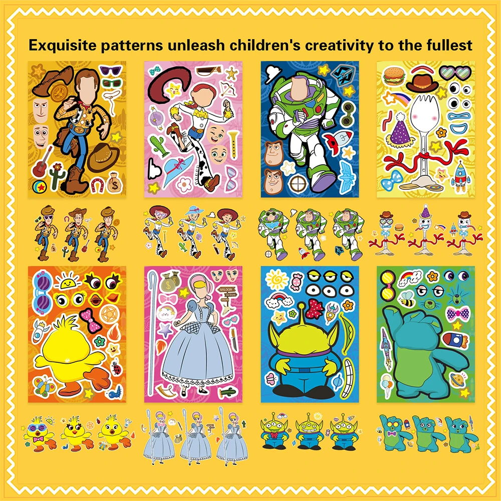 

8/16sheets Disney Toy Story Puzzle Stickers Game Make a Face Children DIY Assemble Jigsaw Kids Toys Decoration Theme Party Toys