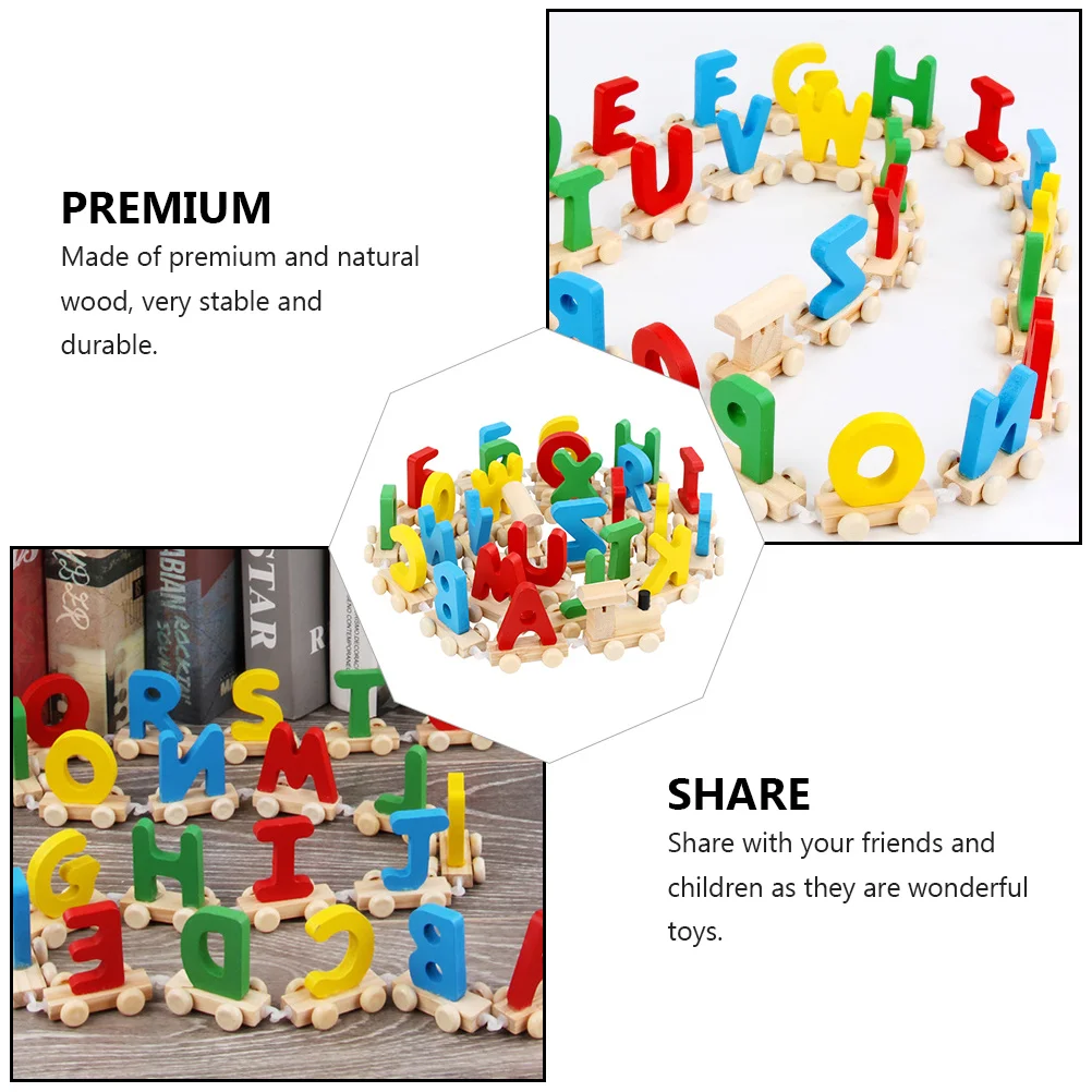 1 مجموعة الأبجدية قطار مجموعة تعليمية خشبية 26 رسائل ملونة قطار رئيس الذيل الشريحة عجلات تطوير المهارات الحركية