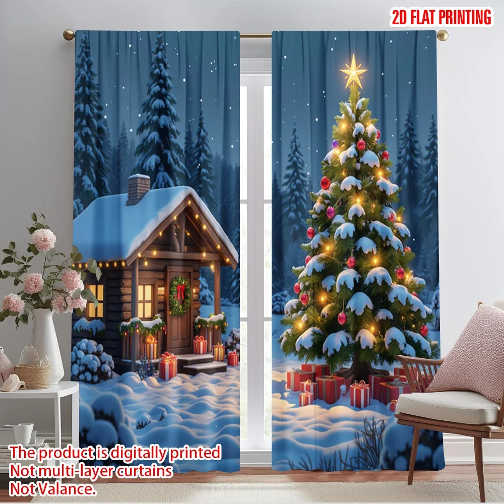 2 Stück 2D-Flachdruck-Vorhänge, Tag, Weihnachten, Hausansicht, Polyester, ohne Strom, Geburtstagsfeier, Verwendung für Zimmer, Schlafzimmer, Wand