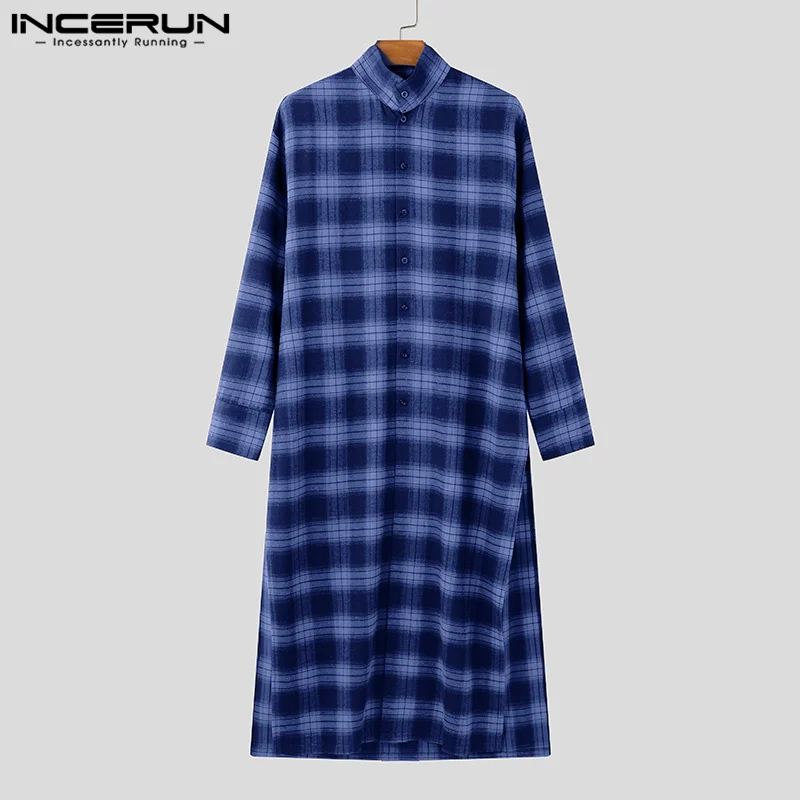 Fashion Casual Style Tops INCERUN 2024 New Men\'s Plaid Pattern Long-style Shirts Streetwear Male Loose Long Sleeved Blouse S-5XL