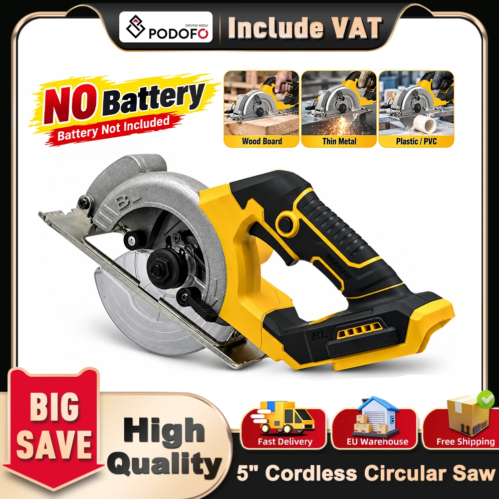 Podofo 5 Inch Brushless Motor Cordless Circular Saw Electric Cutting Tool 0-45 Degree Bevel 48mm Cutting Depth Safety Lock for Wood Plastic Thin Metal Tile Masonry Home DIY Construction Bare Handheld