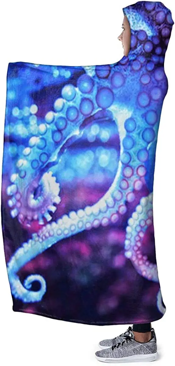 Octopus Tentacles Blue and Purple Swirl Sea Animal Wearable Blanket Hooded Blanket Mens Womens Fall Sherpa Fleece Blankets
