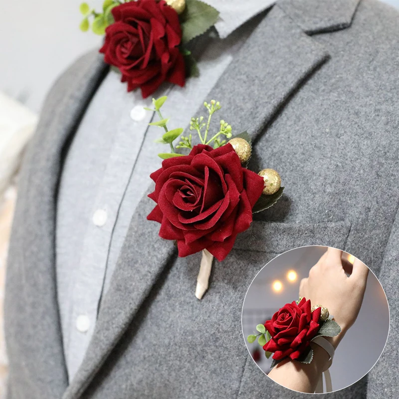 Groom Boutonniere Man Pin Suit Corsage Bridal Buttonhole Wedding Wrist Flower Party Mariage Decor Artificial Silk Rose Flowers