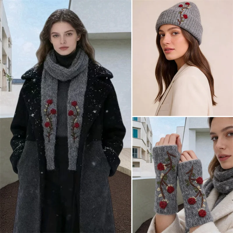 chapeau-tricote-a-fleurs-brodees-0653274-Echarpe-bandeau-0653275-gants-sans-doigts-0653276-accessoires-de-mode-d'hiver