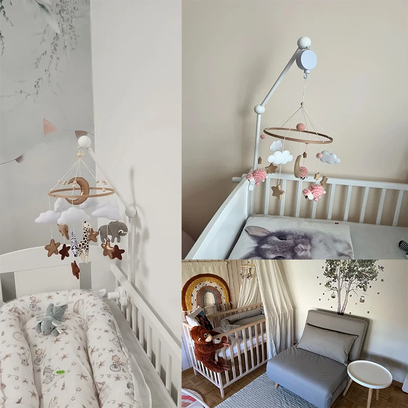 Baby Krippe Mobile Rassel Spielzeug Für 0-12 Monate Cartoon Filz Wald Tier Bett Glocke Hängen Holz Halterung Mobile newbaby Rassel Spielzeug – Detail 1