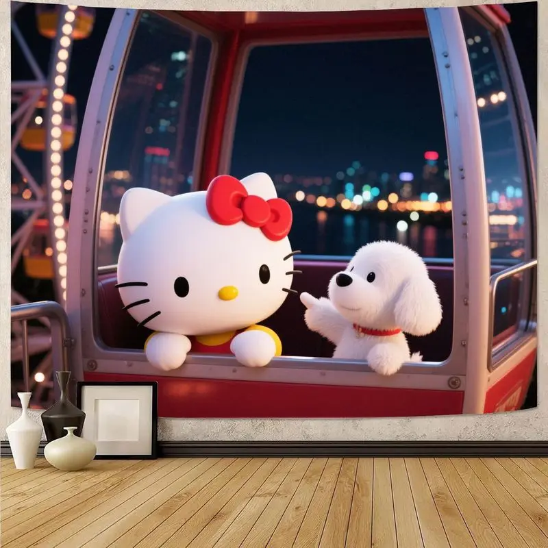 

1PC Sanrio Kawaii Hello Kitty & Dog Night City Ferris Wheel Tapestry Polyester Wall Art for Home Bedroom Decor Gift