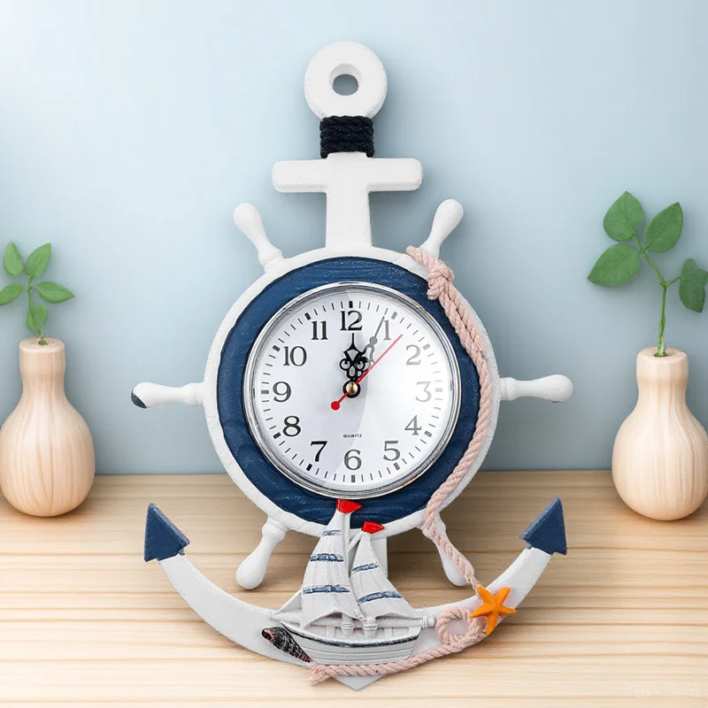 

Mediterranean Style Nautical Ship Wheel Anchor Clock Creative Silent Accurate Timekeeping Home Decor Wall Hanging Ornament