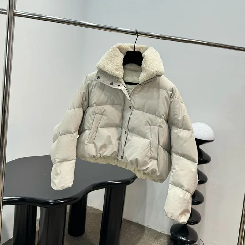Women's down jacket 2026 Winter New Lamb Fleece Collar Splicing Warm Thick Coat 90 white duck down filling puffer jacket parka