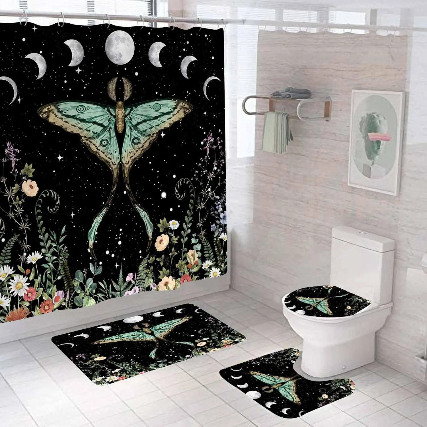 

4 шт., наборы занавесок для душа с зелеными молями и ковриками, ботаническая бабочка в стиле бохо, эстетический загадочный готический декор для ванной комнаты ведьмы