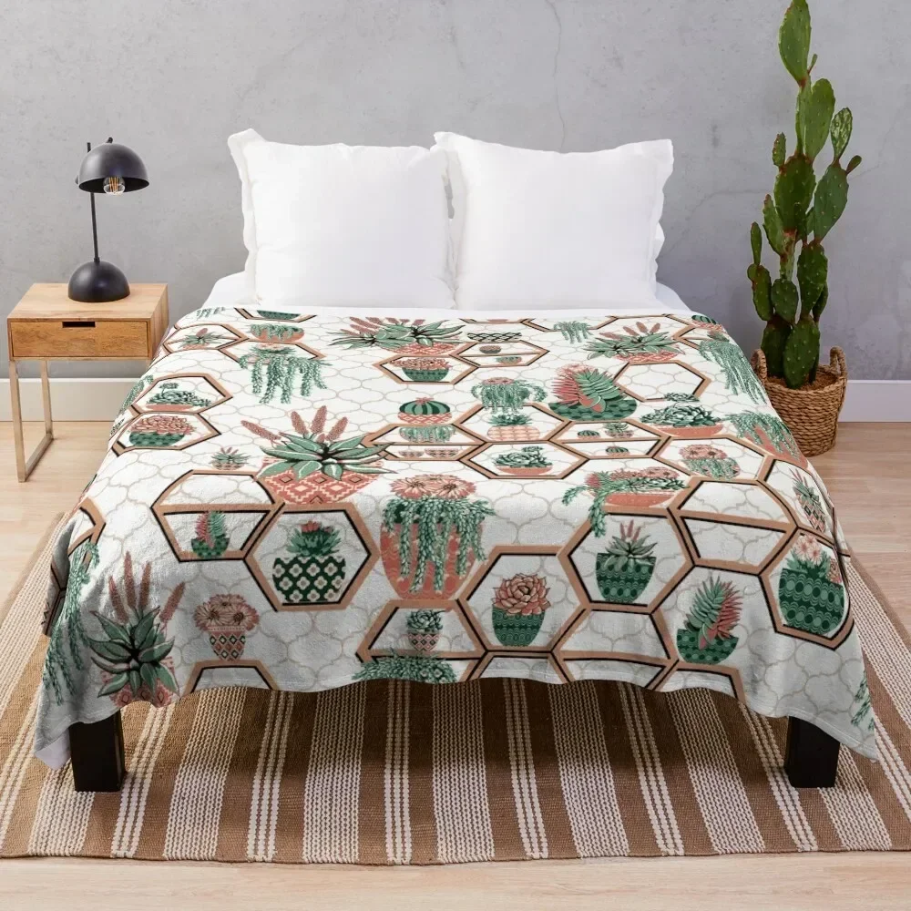 Cacti and Succulent Hexagon Moroccan Garden Throw Blanket Decorative Throw Retros Thermal Blankets