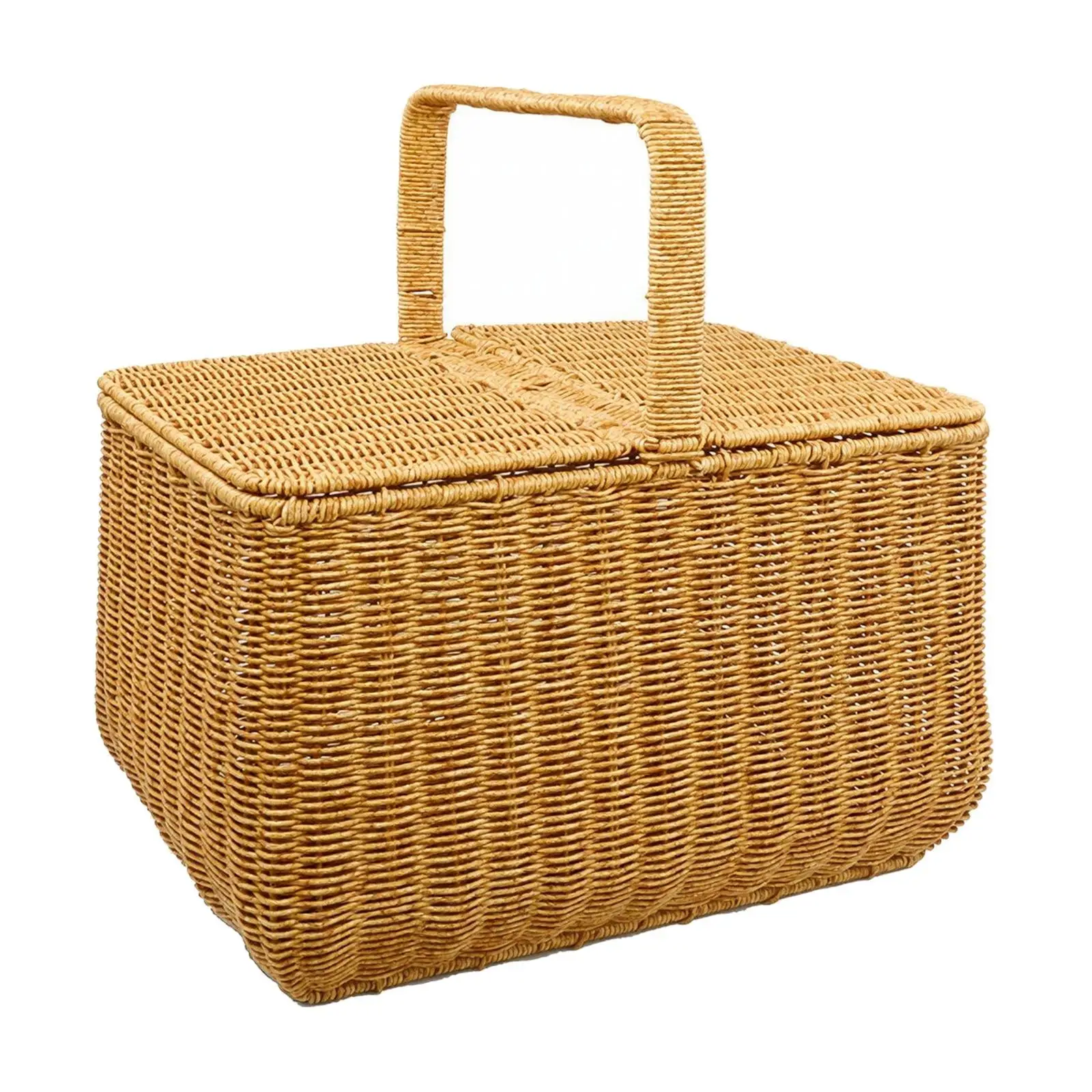 Divided-Lid Woven Basket with Carrying Handle Versatile Rectangular Picnic Basket with Hinged Lid Portable for Outdoor