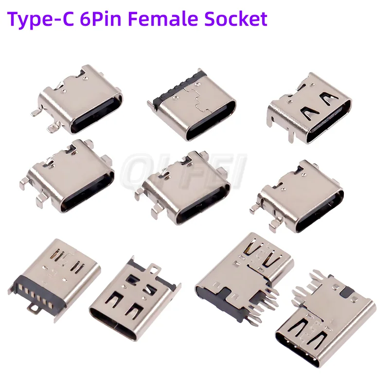 

10PCS Type-C USB 3.1 Connector 6Pin Type C Socket SMD DIP Female Jack For PCB Current Charging Port Transfer Data USB Type-C 6P