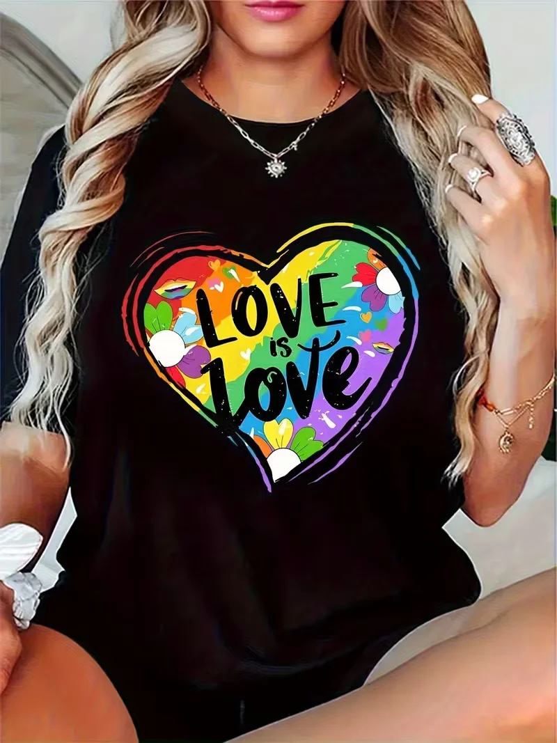 

Colorful geometric heart-shaped "Love is Love" print, soft and loose round-neck casual top suitable for summer