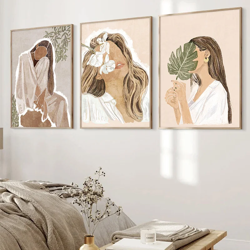 Bohemian Woman Portrait and Leaf Print Poster Unisex Modern Trend Minimalist Canvas Painting Bedroom Decorative Wall Art
