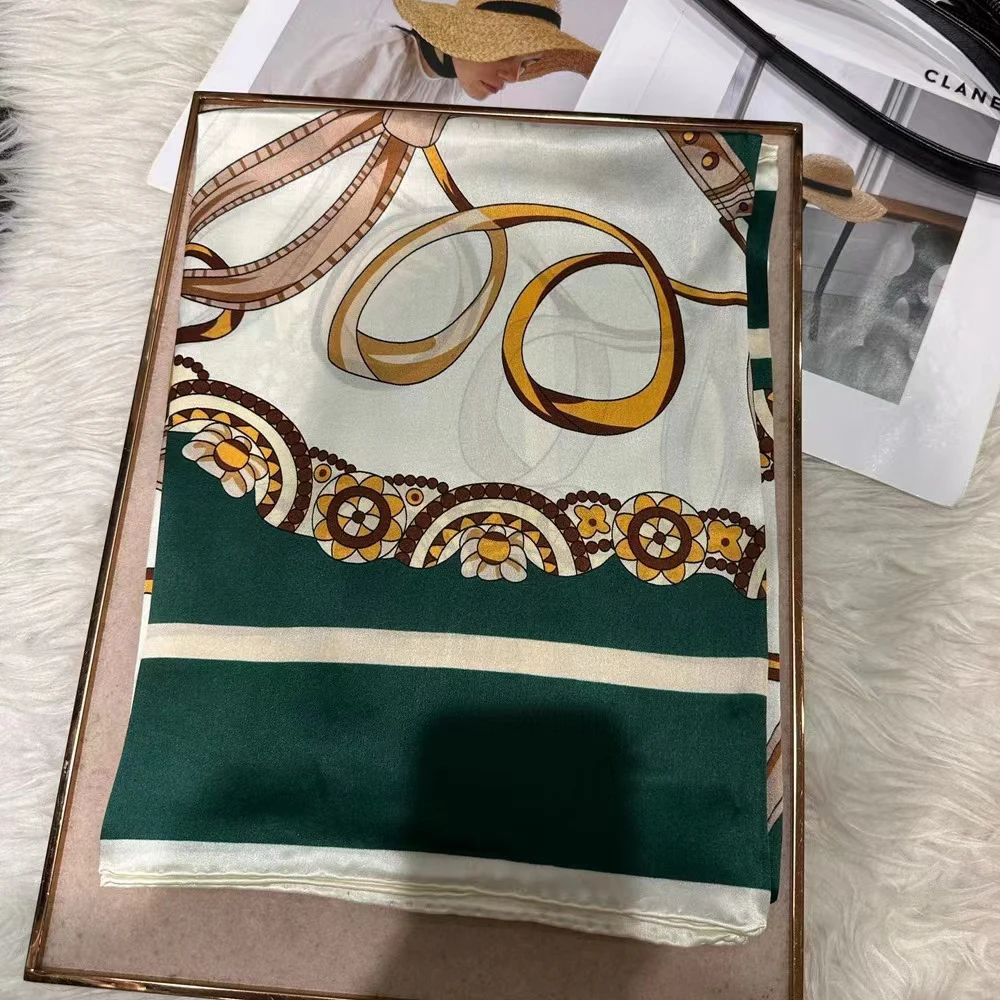 BYSIFA|Green White Ladies 100% Silk Scarf Fall Winter Brand Chain Design Large Scarves Shawls Fashion Summer Beach Cape 110*110
