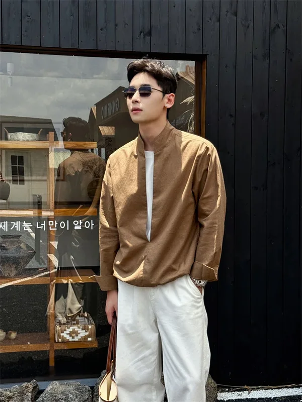 

Cleanfit Stand Collar Long Sve irt Men's Layered False Two-Piece irt Autumn Trendy Top Haome Upper Wear Casual irt