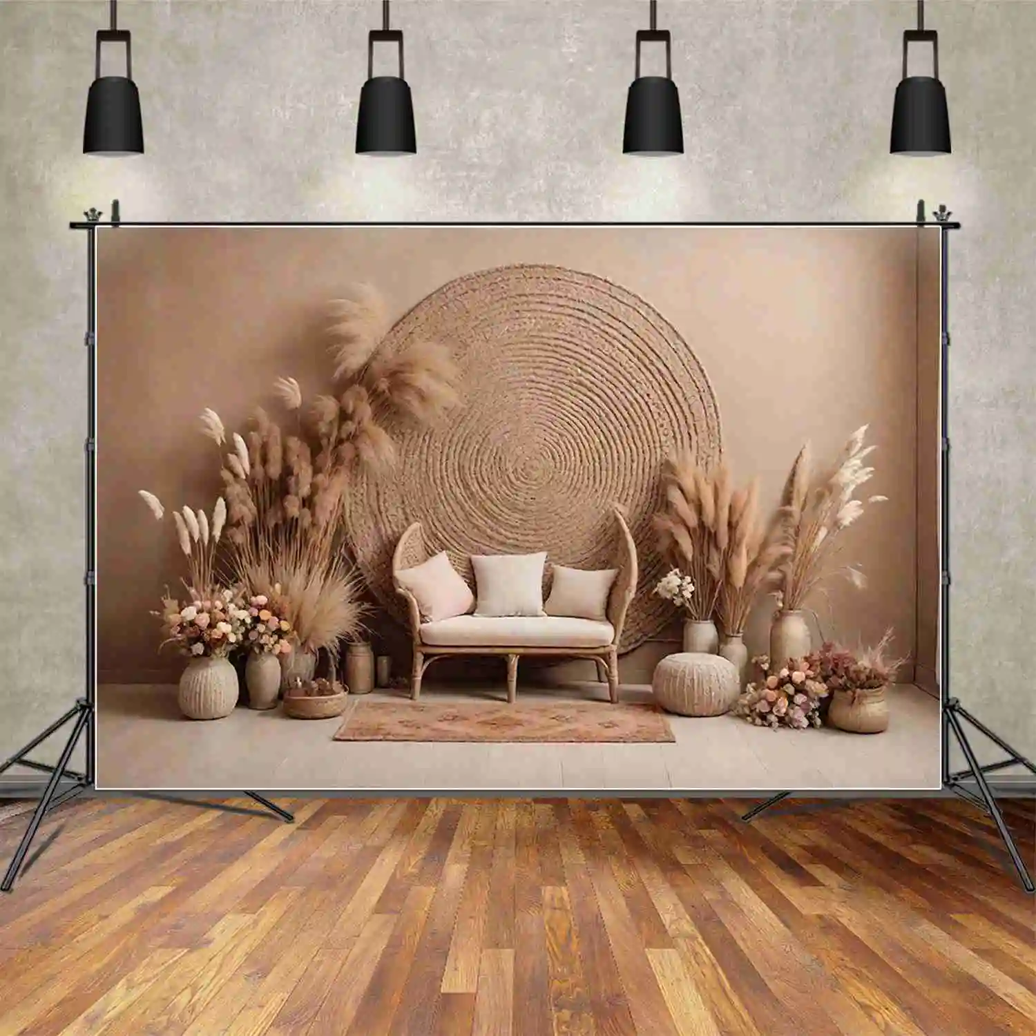 Mond. qg Böhmen Wand Hochzeit Hintergrund Mädchen Blumen trockenes Gras Vintage Hintergründe benutzer definierte Party Dekoration Photo zon Requisiten