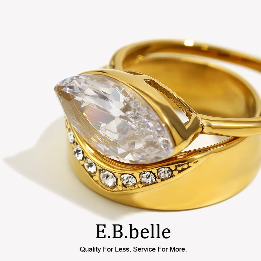 E.B.belle Stainless Steel Double Layer Horse Eyes Zircon Stones Ring 18K Gold Plated Charm Jewelry Tarnish Free For Women's Gift