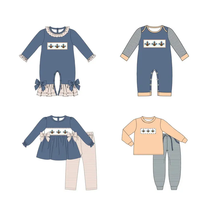 Baby Cotton Long Sleeve T-shirt Set Round Neck Three Turkey Embroidery Boy Orange Top Clothes And Blue Suit Romper With Bow