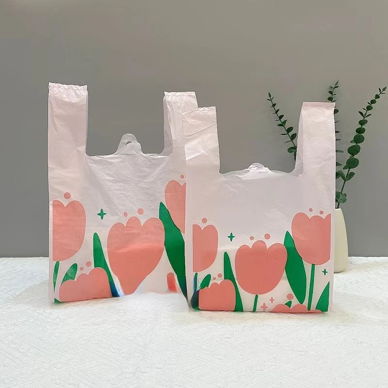 10Pcs Pink Tulip Transparent Shopping Packaging Bag Plastic Flower Gift Bags For Jewelry Candy Store Small Business Supermarket