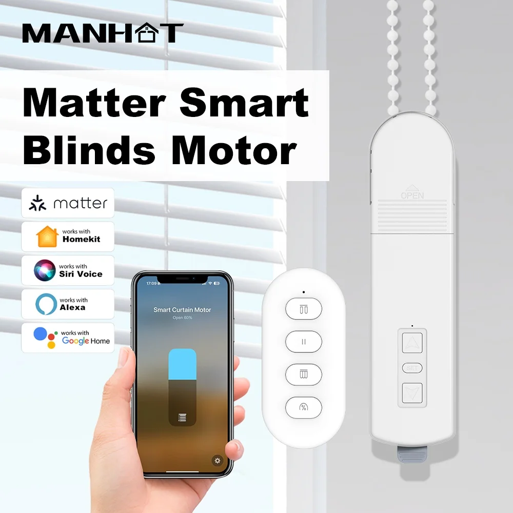 

Manhot Matter WIFI Chain Roller Blinds Smart Electric Curtain Shade Drive Motor With Apple HomeKit Alexa Google Home APP Control