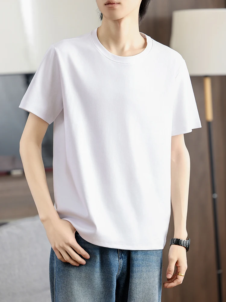 New 100% high-density cotton men's round neck solid color shirt knitted thin casual shirt T-shirt in spring and summer of 2024