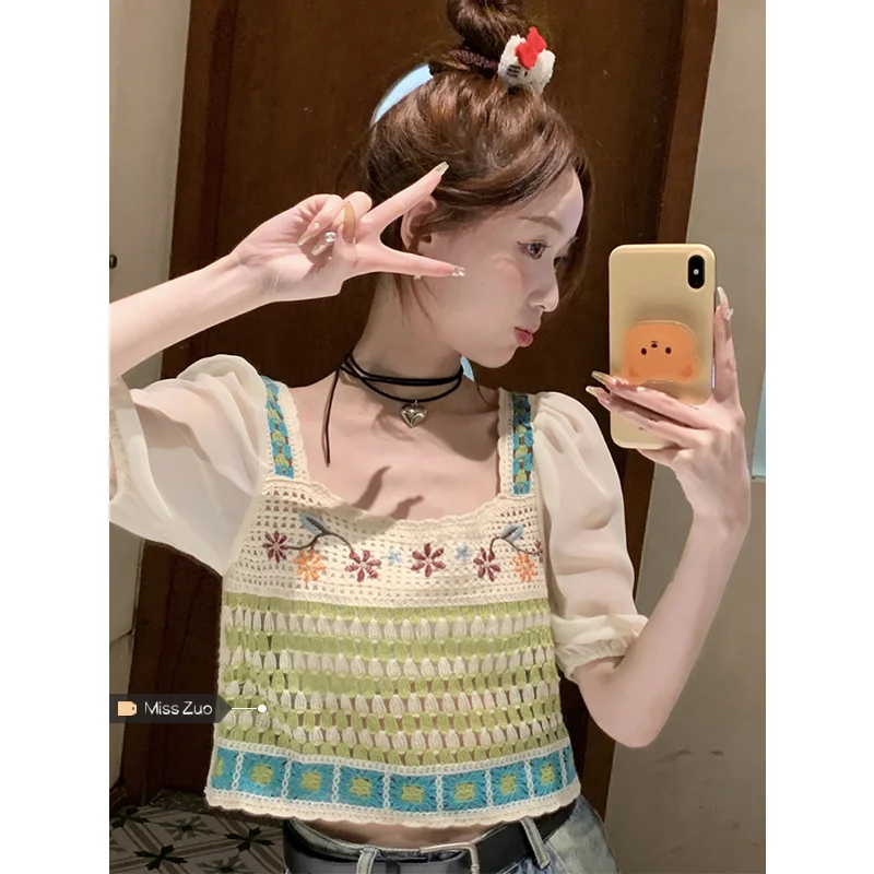 

Hong Kong style retro small square neck hollowed out small Camisole women's summer national style knitting crochet outerwear tre