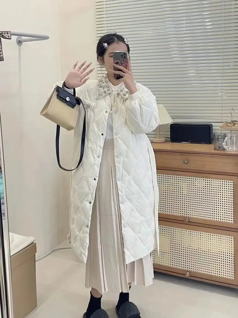 

2025 Winter Down Cotton Coat Women Mid-Length Round Neck Rhinestone Waist Slimming Korean Style Warm Jacket
