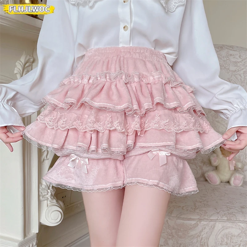 Hot Puff Bloomers กางเกงขนาดเล็กสาวน่ารักหวานญี่ปุ่นเซ็กซี่ลูกไม้วันที่เจ้าหญิงชั้น Ruffles โบว์โคมไฟฟักทองกางเกงขาสั้นความปลอดภัย