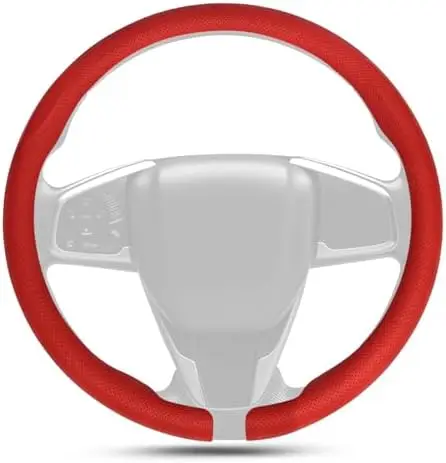 

Ultra-Thin Nappa Leather Steering Wheel Cover – Breathable, Non-Slip, Micro-Perforated, Universal 14–15" Fit (Red)