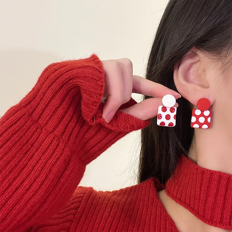 여성용 귀여운 기하학적 비대칭 웨이브 도트 스터드 귀걸이, 트렌디한 대비 색상 펜던트 귀걸이, 선물용 레트로 패션