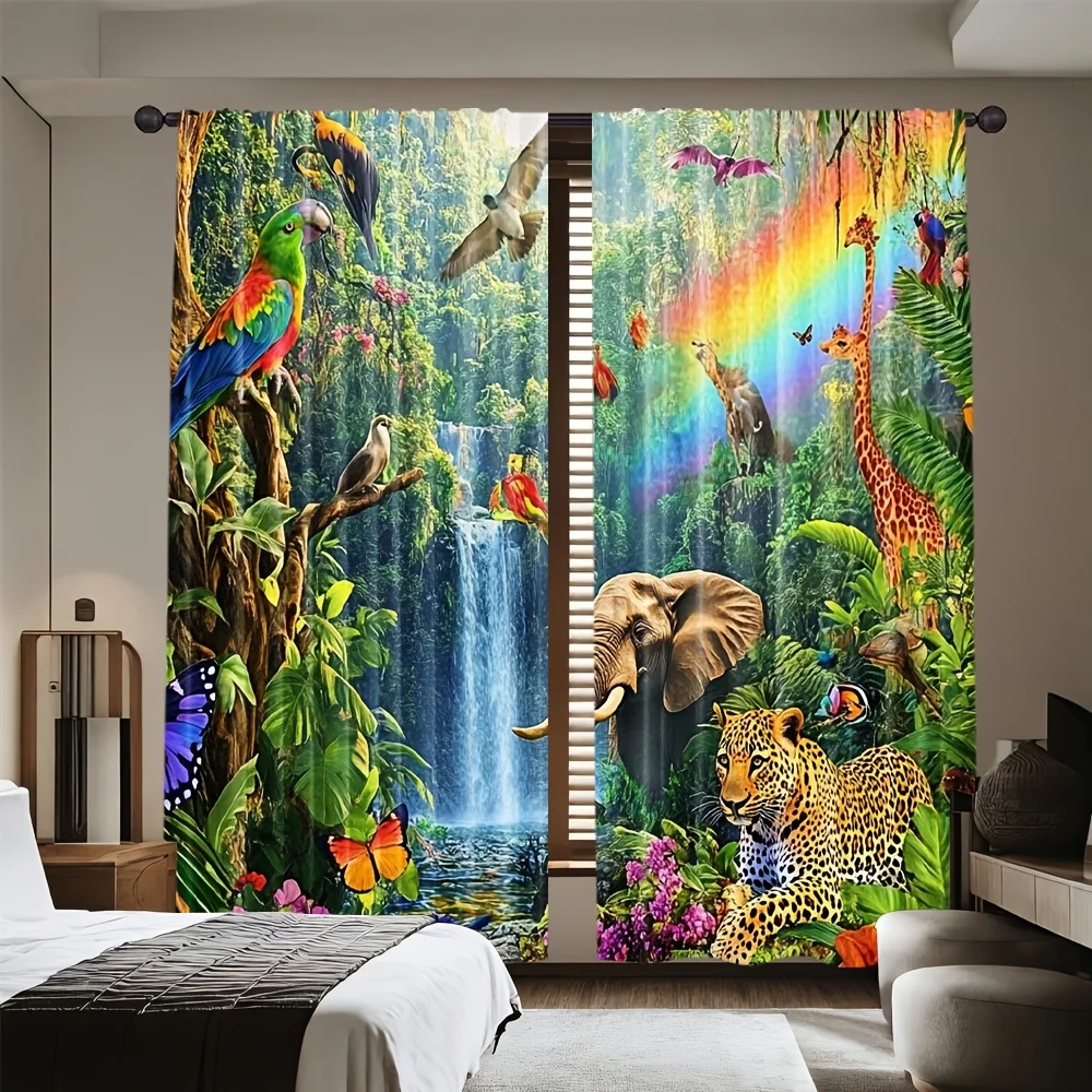 Jungle Wild Animal Curtains 2 Panels,Parrot Elephant Leopard Giraffe Waterfall Rainbow Tropical Greenery Drapes for Kids Bedroom