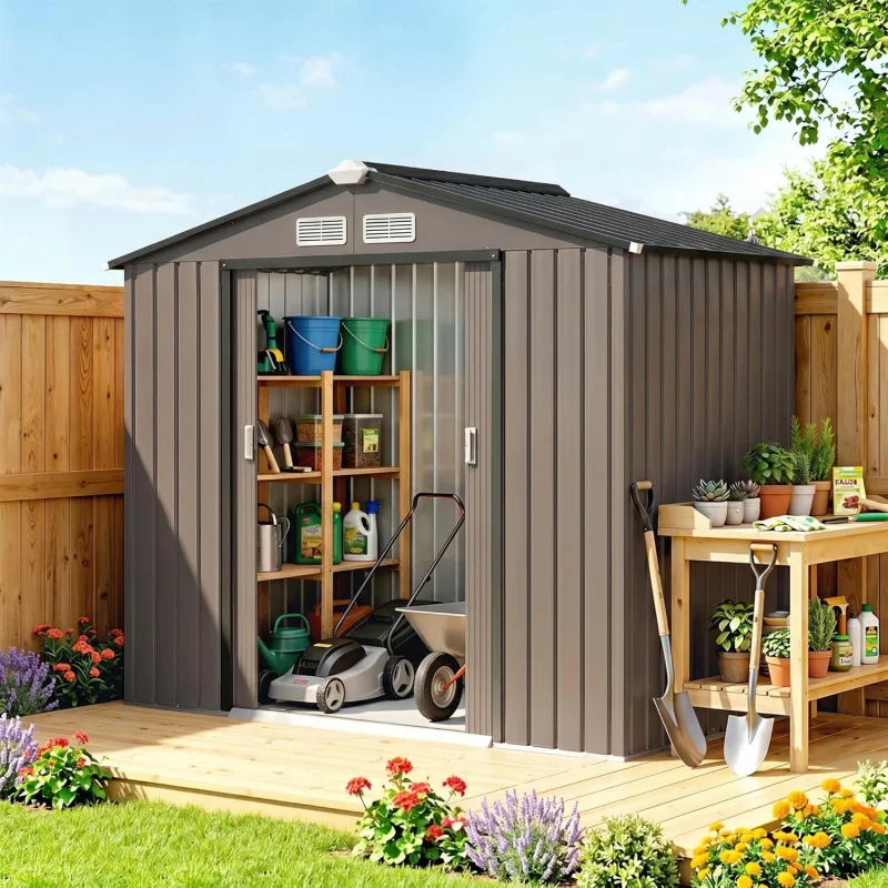 

Brown Metal Storage Shed/Foundation Kit, Double Lockable Door, Vents & Sloping Roof Backyard, Patio, Garden