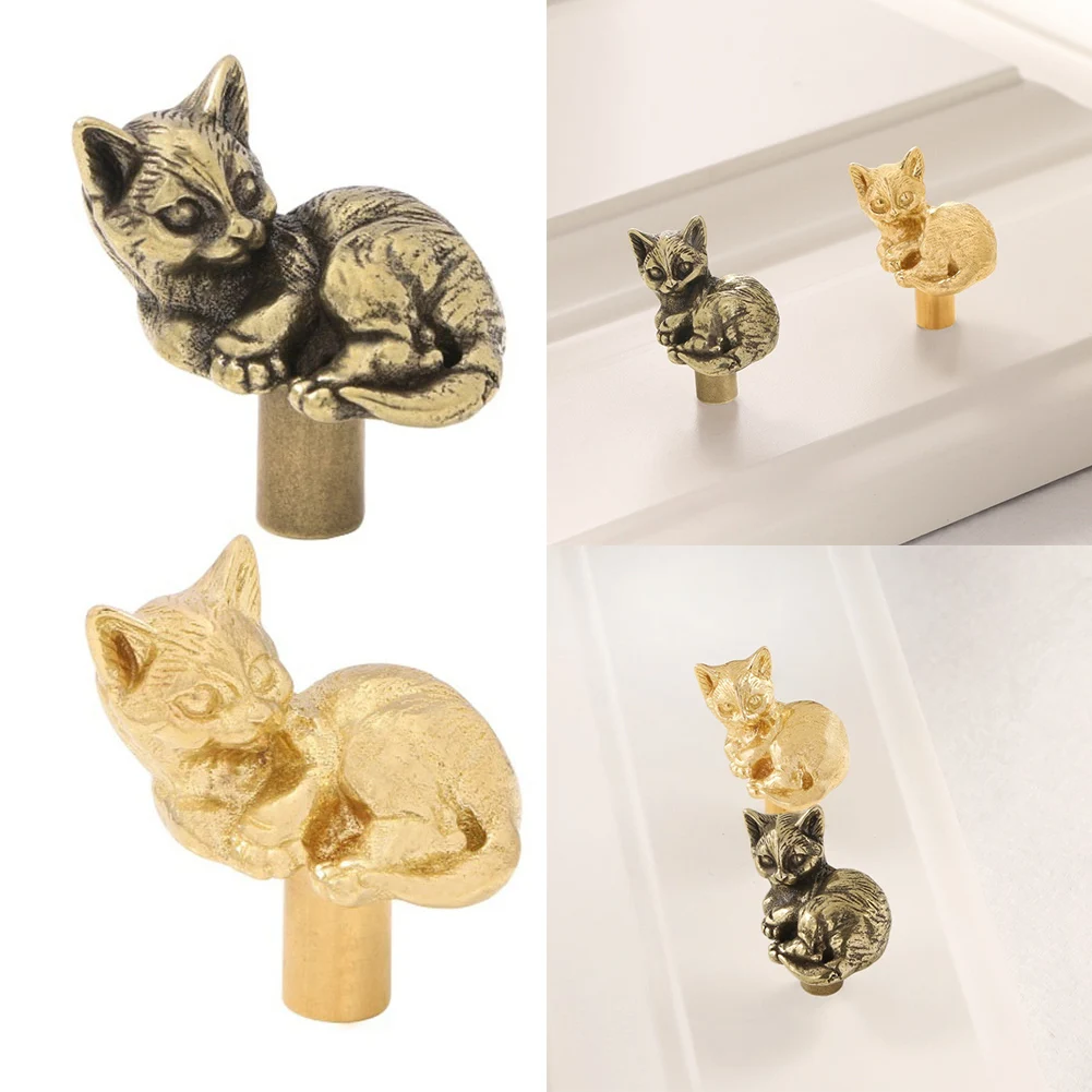 

Children's cabinet door handles in brass with playful cat design set of two suitable for bedroom or nursery furniture upgrades