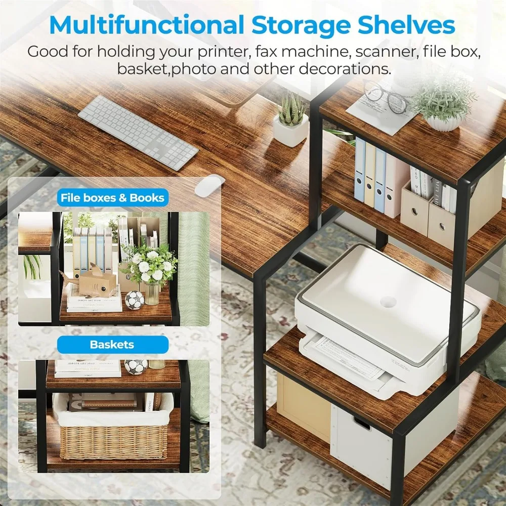 Computer Desk 58 inch with Printer Shelf, Reversible Office Desk with Monitor Stand and 2 Hooks