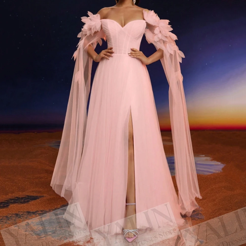A-Linien-Abendkleider für Damen, bodenlang, schulterfrei, ärmellos, Ballkleid, modische, mit Blumen verzierte, plissierte, drapierte, maßgeschneiderte Kleider
